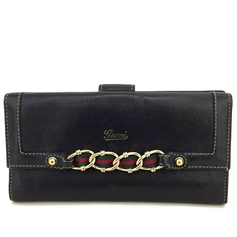 Authentic GUCCI Webbing Black Leather Bifold Long Wallet /1C2468